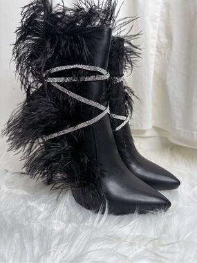 NEW AZALEA WANG Feather-Trim Rhinestone Wrap Black Women's Boots